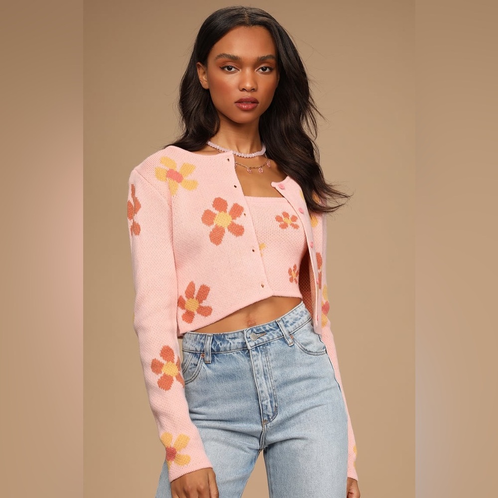 Lulus Pink Floral Knit Cropped Cardigan and Top Set